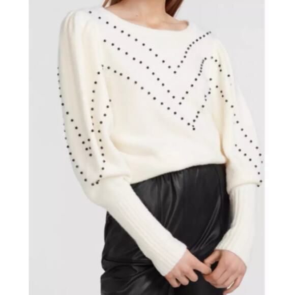 Express Beaded Sweater Puff Sleeve White Cream Sequin Embroidered V Size XL EUC - Picture 2 of 6